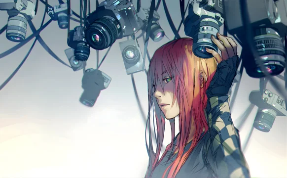 A cartoon of a woman with pink hair and many cameras