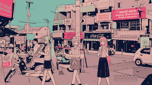 A cartoon of girls playing instruments on a street