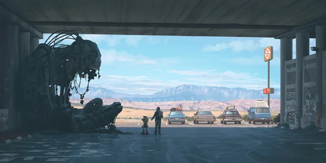 A man and a robot standing in a parking lot