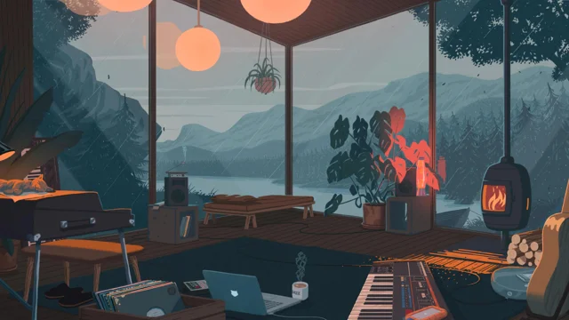 A room with a large window and a piano keyboard and a large fire